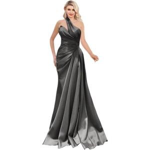 imageOne Shoulder Prom Dresses 2025 Long Satin Ball Gown Pleated Mermaid Formal Evening Gowns for WomenGrey