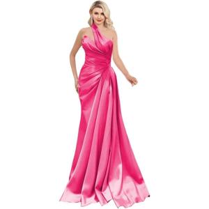 imageOne Shoulder Prom Dresses 2025 Long Satin Ball Gown Pleated Mermaid Formal Evening Gowns for WomenHot Pink