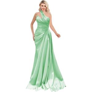 imageOne Shoulder Prom Dresses 2025 Long Satin Ball Gown Pleated Mermaid Formal Evening Gowns for WomenMint