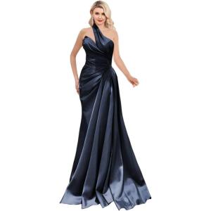 imageOne Shoulder Prom Dresses 2025 Long Satin Ball Gown Pleated Mermaid Formal Evening Gowns for WomenNavy Blue