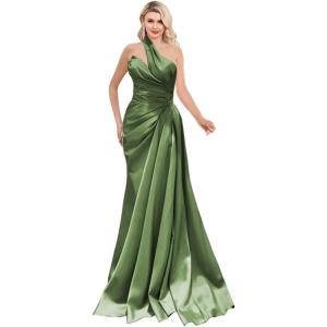 imageOne Shoulder Prom Dresses 2025 Long Satin Ball Gown Pleated Mermaid Formal Evening Gowns for WomenOlive