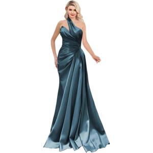 imageOne Shoulder Prom Dresses 2025 Long Satin Ball Gown Pleated Mermaid Formal Evening Gowns for WomenPeacock