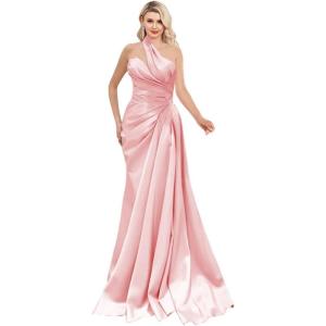 imageOne Shoulder Prom Dresses 2025 Long Satin Ball Gown Pleated Mermaid Formal Evening Gowns for WomenPink