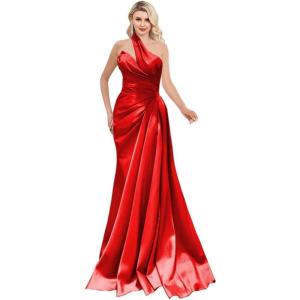 imageOne Shoulder Prom Dresses 2025 Long Satin Ball Gown Pleated Mermaid Formal Evening Gowns for WomenRed