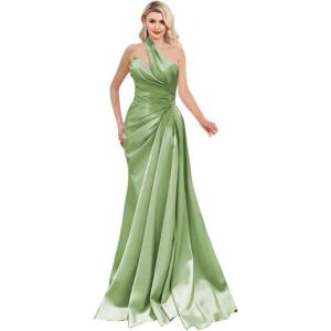 imageOne Shoulder Prom Dresses 2025 Long Satin Ball Gown Pleated Mermaid Formal Evening Gowns for WomenSage