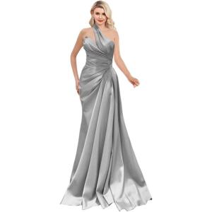 imageOne Shoulder Prom Dresses 2025 Long Satin Ball Gown Pleated Mermaid Formal Evening Gowns for WomenSilver