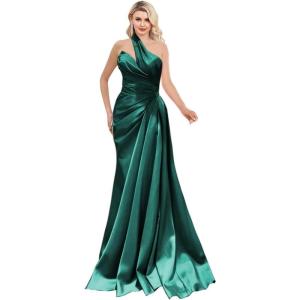 imageOne Shoulder Prom Dresses 2025 Long Satin Ball Gown Pleated Mermaid Formal Evening Gowns for WomenTeal
