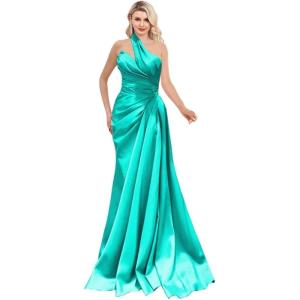 imageOne Shoulder Prom Dresses 2025 Long Satin Ball Gown Pleated Mermaid Formal Evening Gowns for WomenTurquoise
