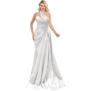 imageOne Shoulder Prom Dresses 2025 Long Satin Ball Gown Pleated Mermaid Formal Evening Gowns for WomenWhite