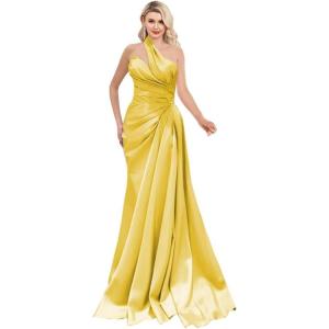imageOne Shoulder Prom Dresses 2025 Long Satin Ball Gown Pleated Mermaid Formal Evening Gowns for WomenYellow
