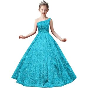imageOne Shoulder Sequin Pageant Gowns Sparkly Ball Gown Flower Girl Dresses for Wedding Princess Kids Toddler DressAqua