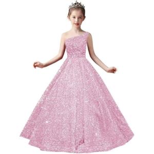 imageOne Shoulder Sequin Pageant Gowns Sparkly Ball Gown Flower Girl Dresses for Wedding Princess Kids Toddler DressBlush Pink