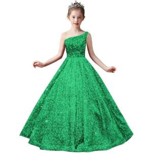 imageOne Shoulder Sequin Pageant Gowns Sparkly Ball Gown Flower Girl Dresses for Wedding Princess Kids Toddler DressBright Green