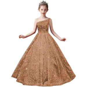 imageOne Shoulder Sequin Pageant Gowns Sparkly Ball Gown Flower Girl Dresses for Wedding Princess Kids Toddler DressBrown
