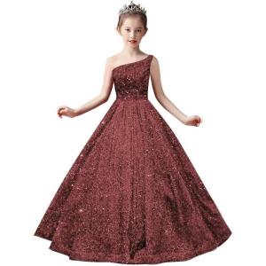 imageOne Shoulder Sequin Pageant Gowns Sparkly Ball Gown Flower Girl Dresses for Wedding Princess Kids Toddler DressBurgundy