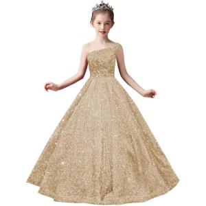 imageOne Shoulder Sequin Pageant Gowns Sparkly Ball Gown Flower Girl Dresses for Wedding Princess Kids Toddler DressChampagne