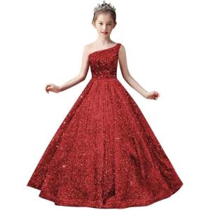 imageOne Shoulder Sequin Pageant Gowns Sparkly Ball Gown Flower Girl Dresses for Wedding Princess Kids Toddler DressDark Red