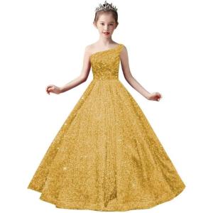imageOne Shoulder Sequin Pageant Gowns Sparkly Ball Gown Flower Girl Dresses for Wedding Princess Kids Toddler DressGold