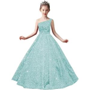 imageOne Shoulder Sequin Pageant Gowns Sparkly Ball Gown Flower Girl Dresses for Wedding Princess Kids Toddler DressIce Blue