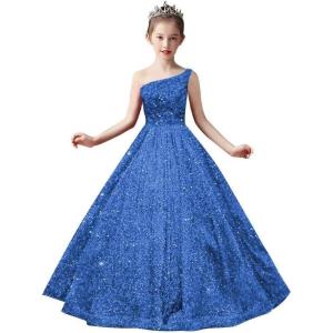 imageOne Shoulder Sequin Pageant Gowns Sparkly Ball Gown Flower Girl Dresses for Wedding Princess Kids Toddler DressLake Blue