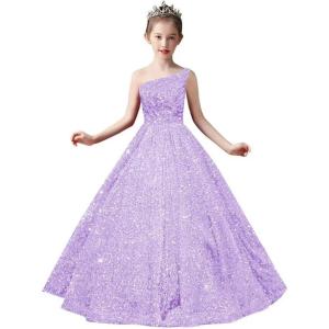 imageOne Shoulder Sequin Pageant Gowns Sparkly Ball Gown Flower Girl Dresses for Wedding Princess Kids Toddler DressLavender