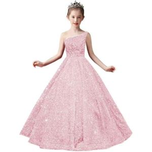 imageOne Shoulder Sequin Pageant Gowns Sparkly Ball Gown Flower Girl Dresses for Wedding Princess Kids Toddler DressLight Pink