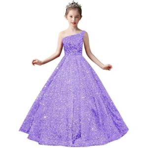 imageOne Shoulder Sequin Pageant Gowns Sparkly Ball Gown Flower Girl Dresses for Wedding Princess Kids Toddler DressLilac