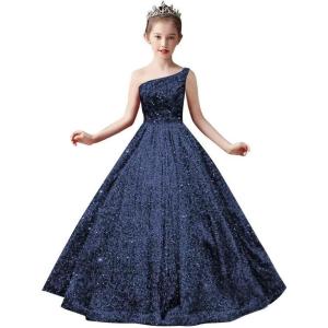 imageOne Shoulder Sequin Pageant Gowns Sparkly Ball Gown Flower Girl Dresses for Wedding Princess Kids Toddler DressNavy Blue