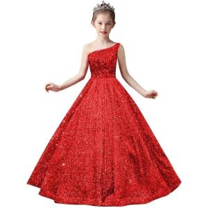imageOne Shoulder Sequin Pageant Gowns Sparkly Ball Gown Flower Girl Dresses for Wedding Princess Kids Toddler DressRed