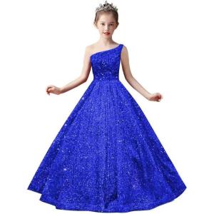 imageOne Shoulder Sequin Pageant Gowns Sparkly Ball Gown Flower Girl Dresses for Wedding Princess Kids Toddler DressRoyal Blue