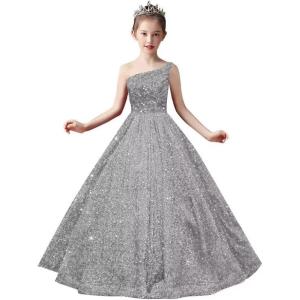 imageOne Shoulder Sequin Pageant Gowns Sparkly Ball Gown Flower Girl Dresses for Wedding Princess Kids Toddler DressSilver