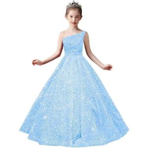 imageOne Shoulder Sequin Pageant Gowns Sparkly Ball Gown Flower Girl Dresses for Wedding Princess Kids Toddler DressSky Blue