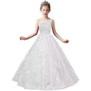imageOne Shoulder Sequin Pageant Gowns Sparkly Ball Gown Flower Girl Dresses for Wedding Princess Kids Toddler DressWhite