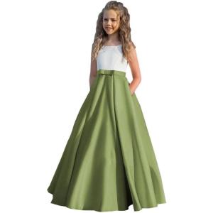 imageSatin Flower Girl Dress First Communion Dress Kids Wedding Ball Gowns Princess Party Girls Pageant DressOlive