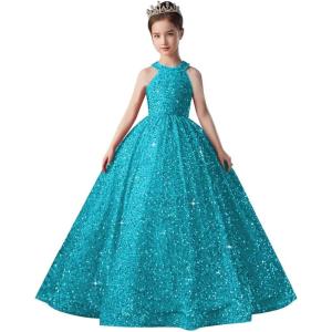 imageSequin Pageant Dress for Girls Sparkly Ball Gown Flower Girl Dresses for Wedding Princess Kids Toddle DressAqua