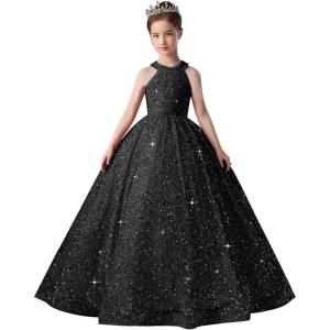 imageSequin Pageant Dress for Girls Sparkly Ball Gown Flower Girl Dresses for Wedding Princess Kids Toddle DressBlack