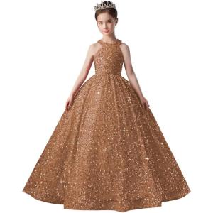 imageSequin Pageant Dress for Girls Sparkly Ball Gown Flower Girl Dresses for Wedding Princess Kids Toddle DressBrown
