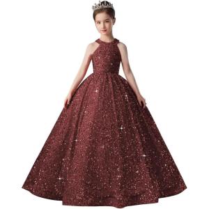 imageSequin Pageant Dress for Girls Sparkly Ball Gown Flower Girl Dresses for Wedding Princess Kids Toddle DressBurgundy