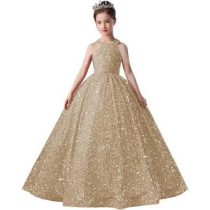 imageSequin Pageant Dress for Girls Sparkly Ball Gown Flower Girl Dresses for Wedding Princess Kids Toddle DressChampagne