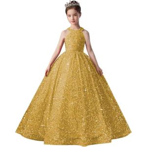 imageSequin Pageant Dress for Girls Sparkly Ball Gown Flower Girl Dresses for Wedding Princess Kids Toddle DressGold