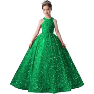 imageSequin Pageant Dress for Girls Sparkly Ball Gown Flower Girl Dresses for Wedding Princess Kids Toddle DressGreen