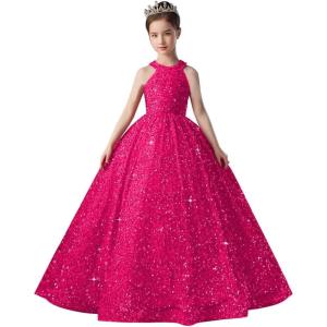imageSequin Pageant Dress for Girls Sparkly Ball Gown Flower Girl Dresses for Wedding Princess Kids Toddle DressHot Pink