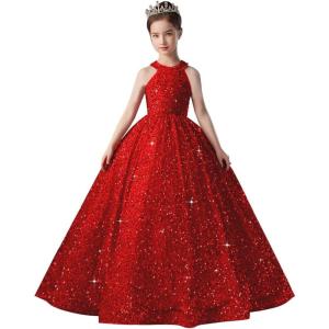 imageSequin Pageant Dress for Girls Sparkly Ball Gown Flower Girl Dresses for Wedding Princess Kids Toddle DressRed