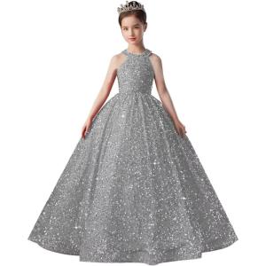 imageSequin Pageant Dress for Girls Sparkly Ball Gown Flower Girl Dresses for Wedding Princess Kids Toddle DressSilver