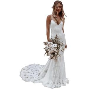 imageSimple Boho Wedding Dresses for Bride 2024 Mermaid Lace Spaghetti Straps V Neck Beach Bridal GownsDwhite