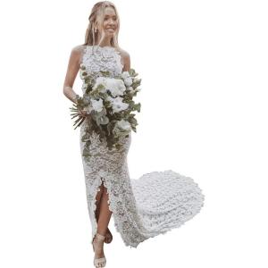 imageSimple Boho Wedding Dresses for Bride 2024 Mermaid Lace Spaghetti Straps V Neck Beach Bridal GownsEivory