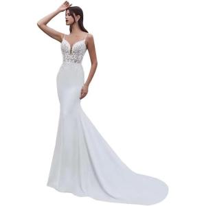 imageSimple Boho Wedding Dresses for Bride 2024 Mermaid Lace Spaghetti Straps V Neck Beach Bridal GownsJwhite