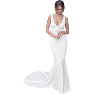 imageSimple Boho Wedding Dresses for Bride 2024 Mermaid Lace Spaghetti Straps V Neck Beach Bridal GownsKwhite