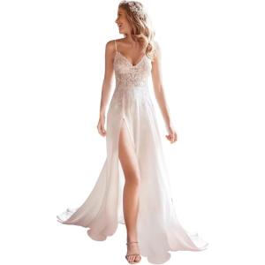 imageSimple Boho Wedding Dresses for Bride 2024 Mermaid Lace Spaghetti Straps V Neck Beach Bridal GownsMwhite