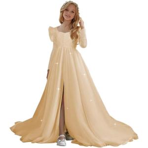 imageTulle First Communion Dress Long Sleeve Glitter Flower Girl Dress Puffy Ball Pageant GownChampagne